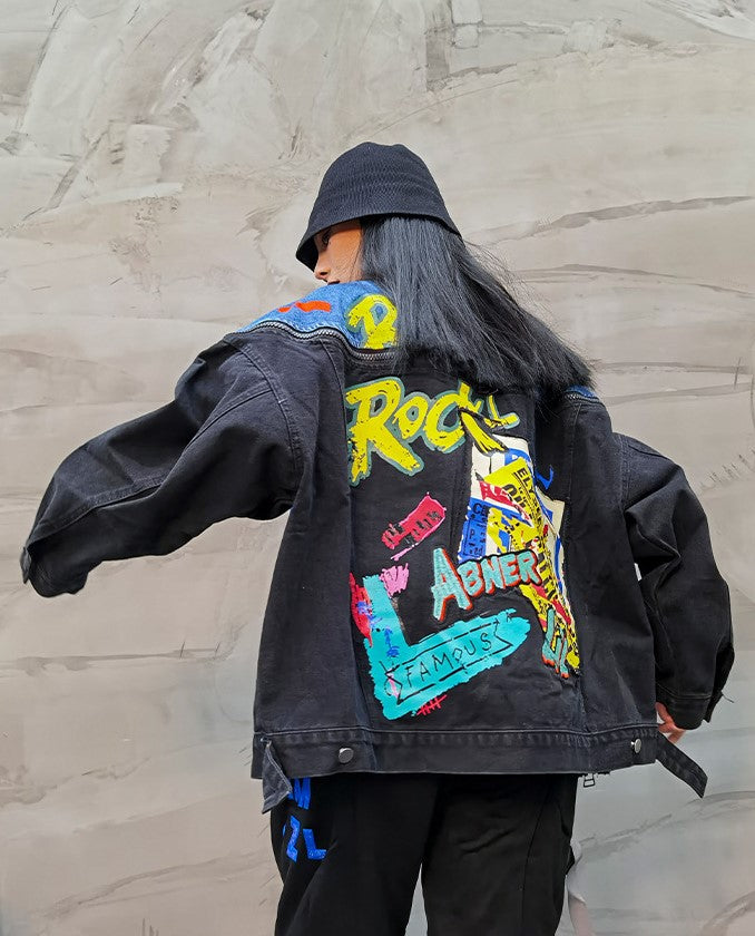 Rock Patchwork Graffiti Denim Jacket