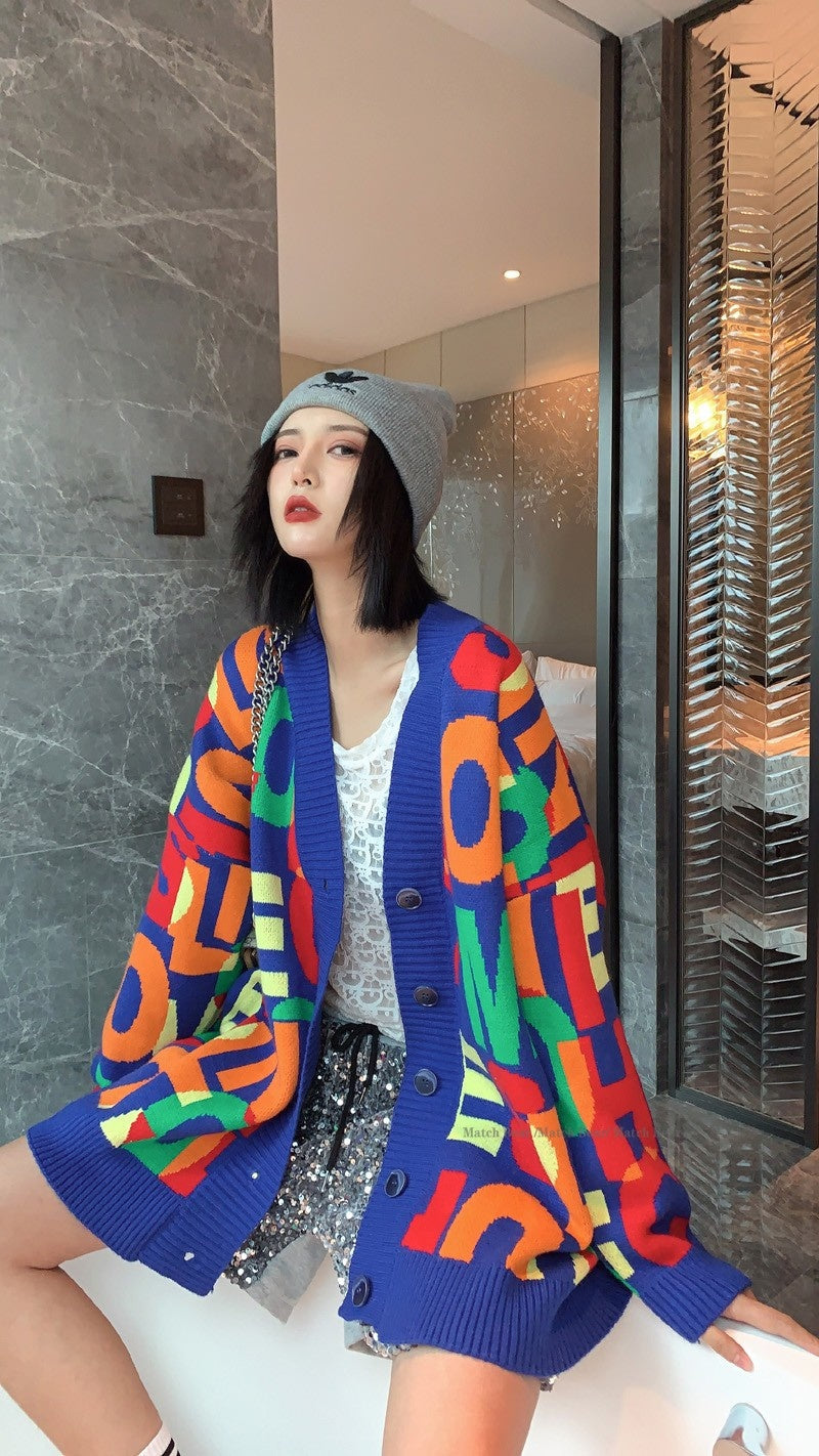 Colorful Letter Knitted Oversize Cardigan