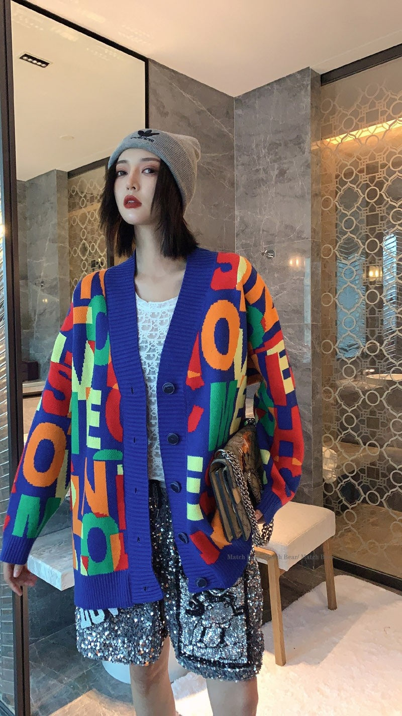 Colorful Letter Knitted Oversize Cardigan