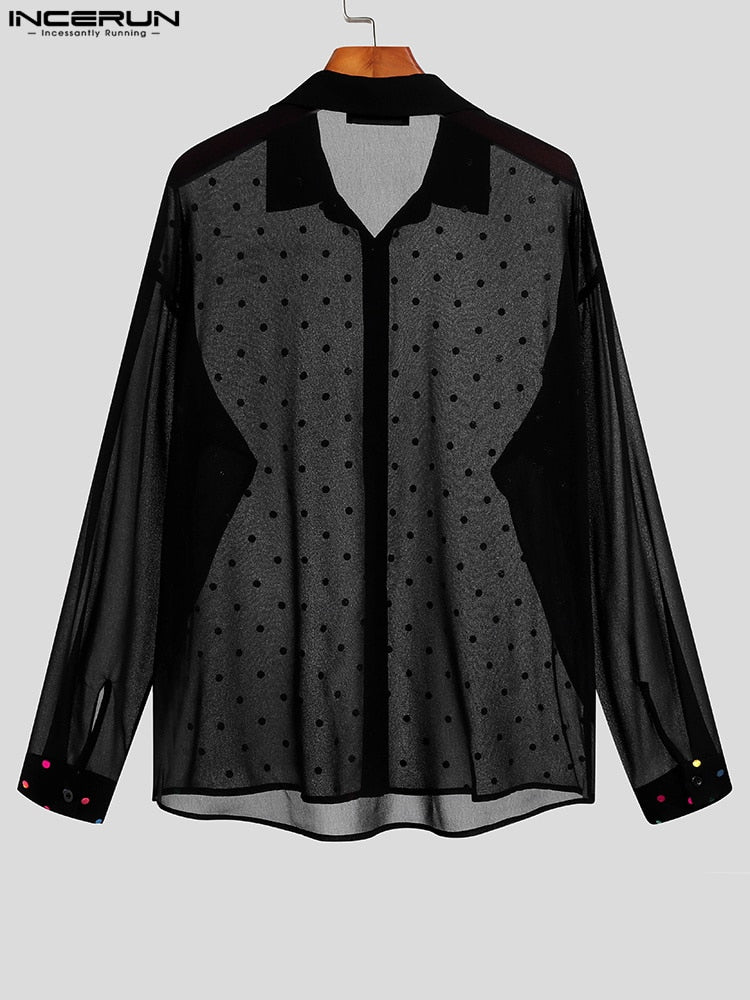 INCERUN 2022 Men Mesh Shirt Lapel Long Sleeve Transparent Streetwear Polka Dot Print Sexy Shirts Casual Camisa Masculina S-5XL