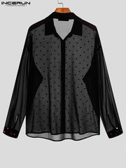 INCERUN 2022 Men Mesh Shirt Lapel Long Sleeve Transparent Streetwear Polka Dot Print Sexy Shirts Casual Camisa Masculina S-5XL