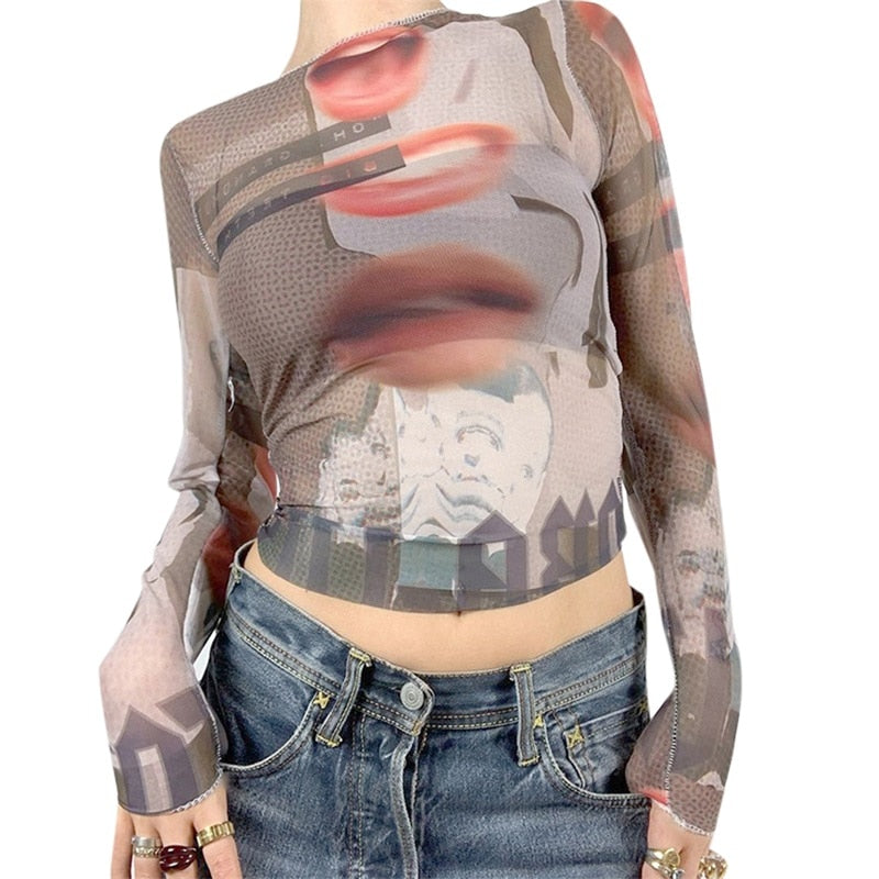 Crew Neck Red Lips Pattern Top