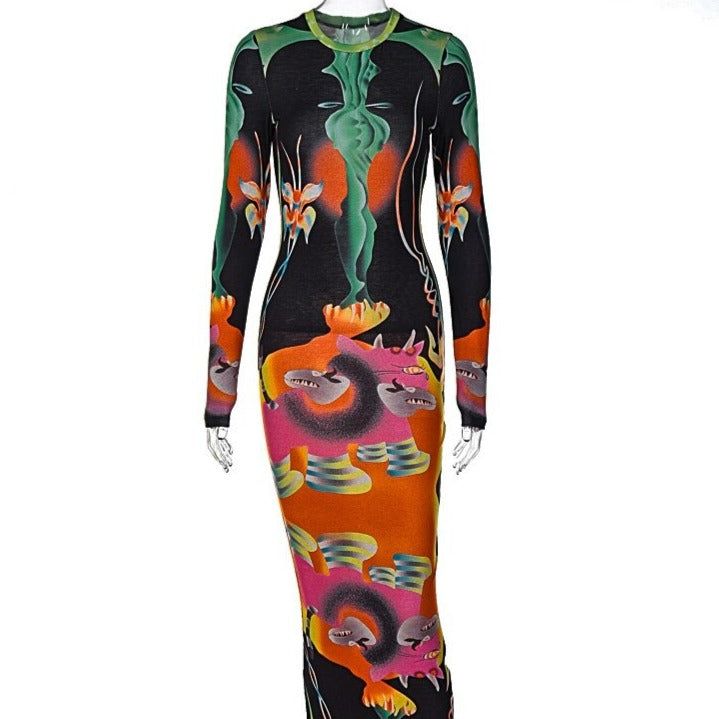 Graphic Printed Mesh Body-con Long Dress