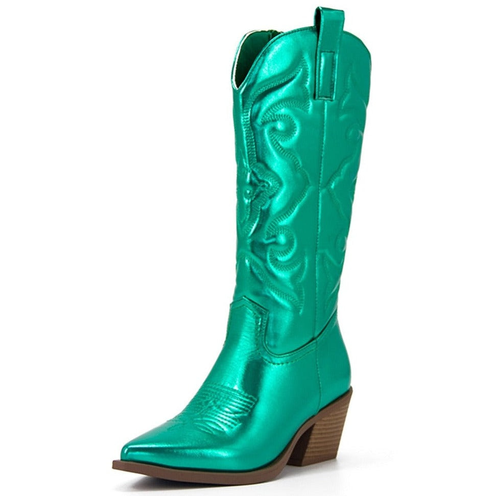Embroidered Pointed Toe Chunky Mid Calf With Zipper Cowboy Boots