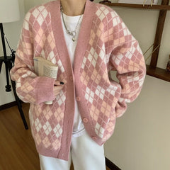 Pastel Checkered Pattern Long Sleeve Buton Up Knitted Cardigan