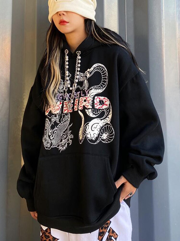 Dragon And Snake Print Hoodie