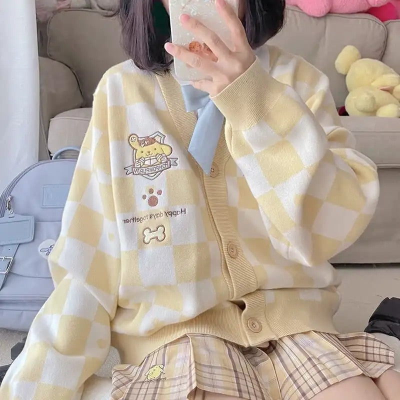 Checkered  With Kawaii Embroidery Cardigan