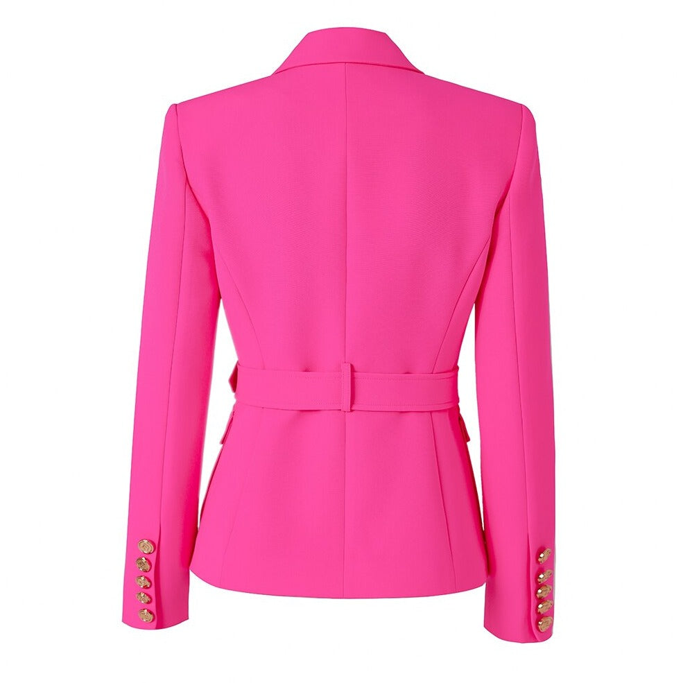 Notched Lapel with Belt Double Pocket Long Sleeve Blazer