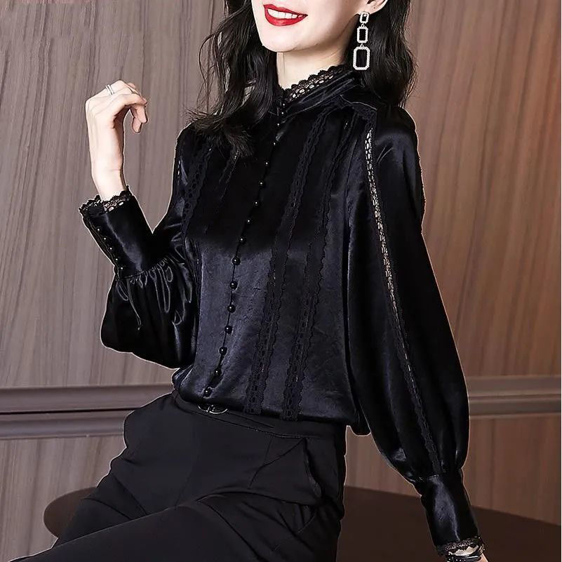 Puff Sleeve Lace Spliced Stand Collar Shirt