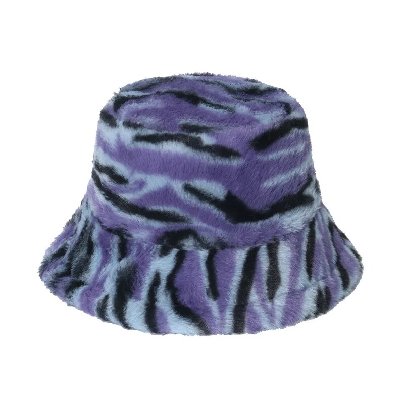 Print Faux Fur Fluffy Bucket Hat