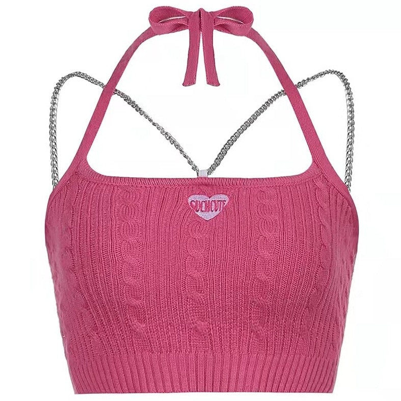 Y2K Such Cute Heart Sleeveless Chain Strap Knitted Cotton Crop Top