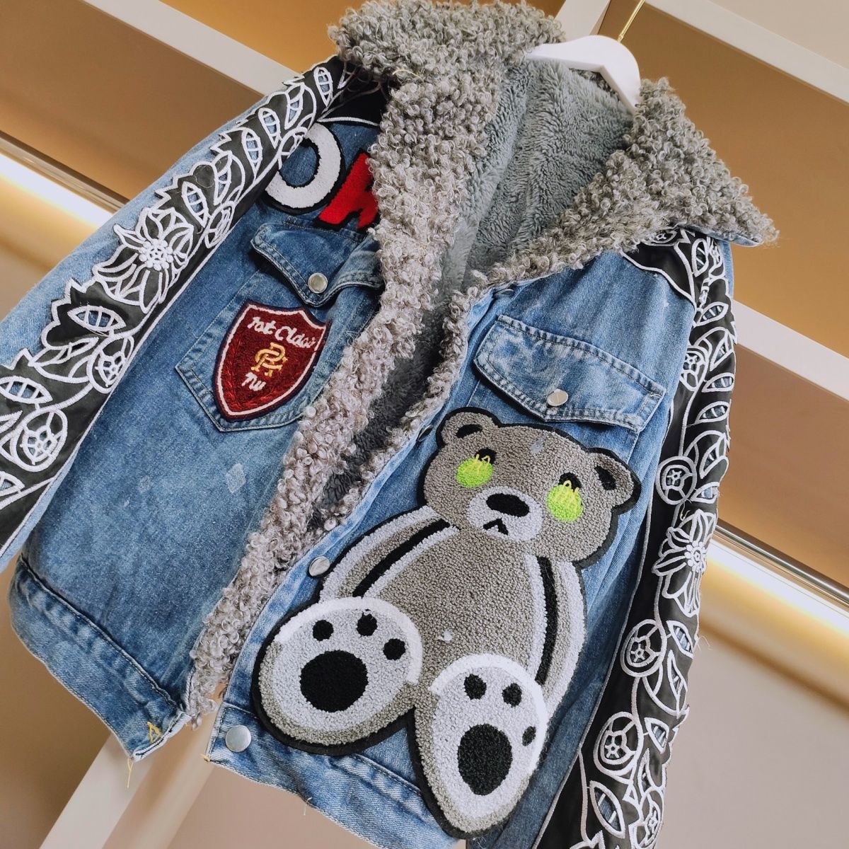 Bear and Flower Patches Denim Jacket