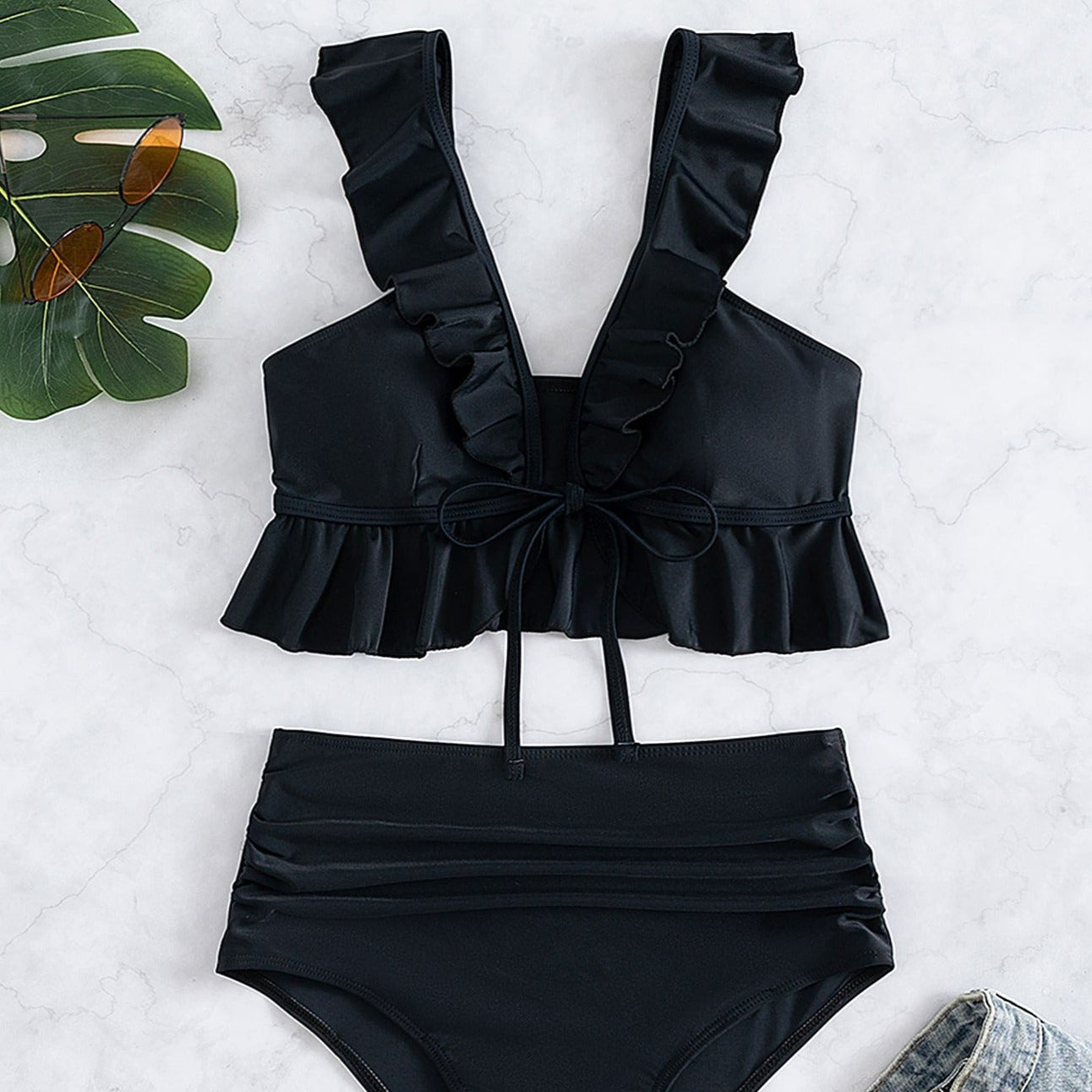 High Waist Ruffle Strap Bikini Set