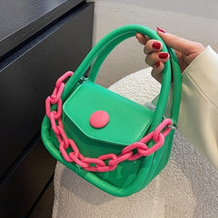 Button and Chain Contrast Color Cute Hand-bag