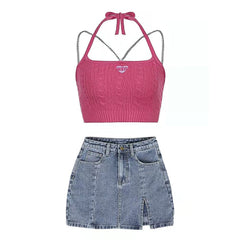 Y2K Such Cute Heart Sleeveless Chain Strap Knitted Cotton Crop Top