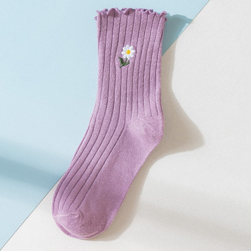 Solid Color Little Flower Socks