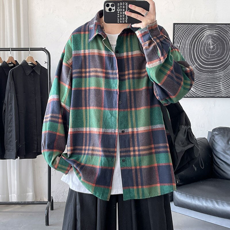 Hybskr 2022 Spring Korean Men Shirts Plaid Long Sleeve Casual Loose Vintage Blouses Harajuku New Male Cardigan Tops Clothing