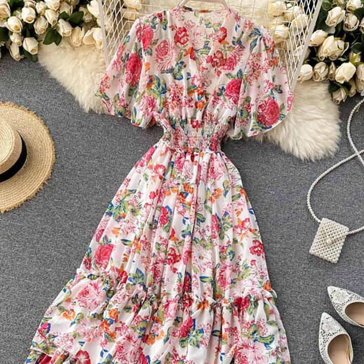 Bohemian Floral Printed V-Neck High Waist Dress