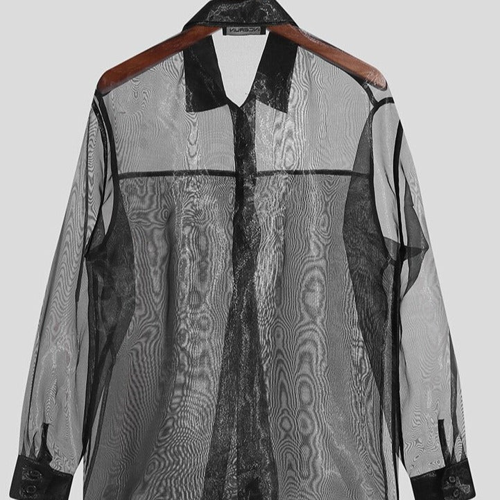 Mesh Transparent Lapel Long Sleeve Shirt