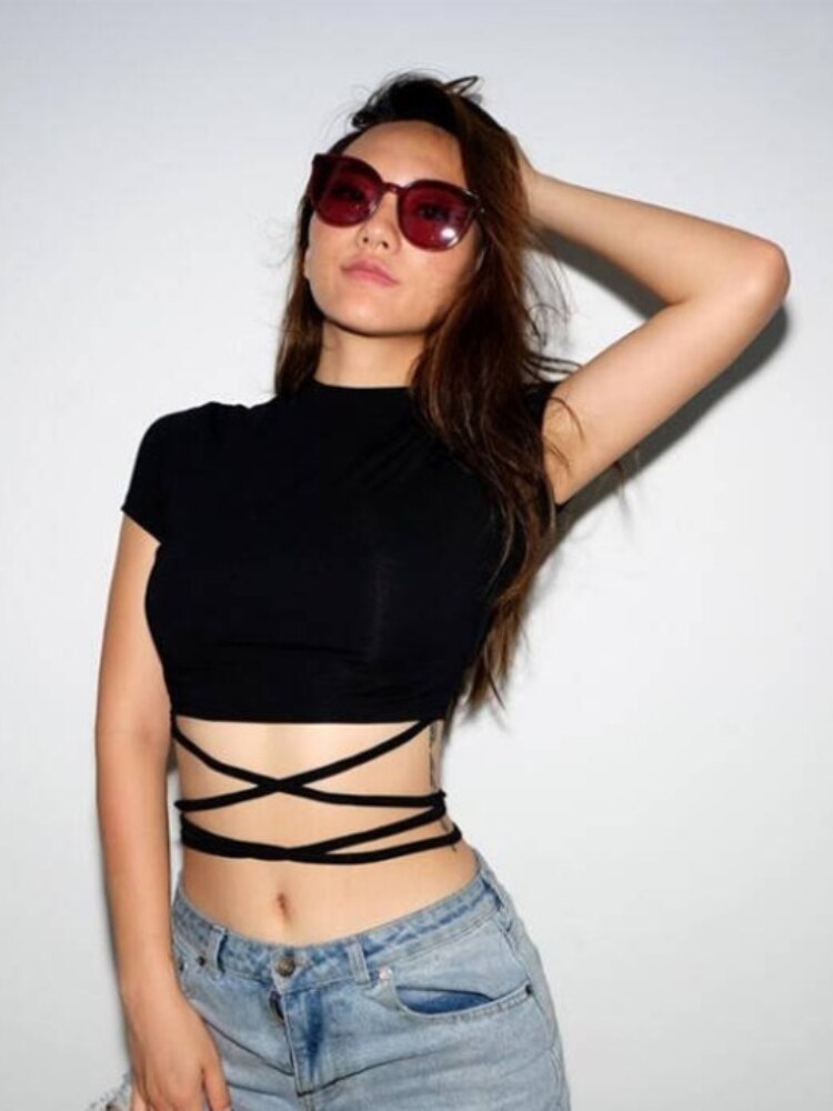 Black Belly Lace-up Crop Top