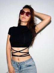 Black Belly Lace-up Crop Top