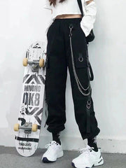 High Waist Streetwear Cargo Pants With Chain