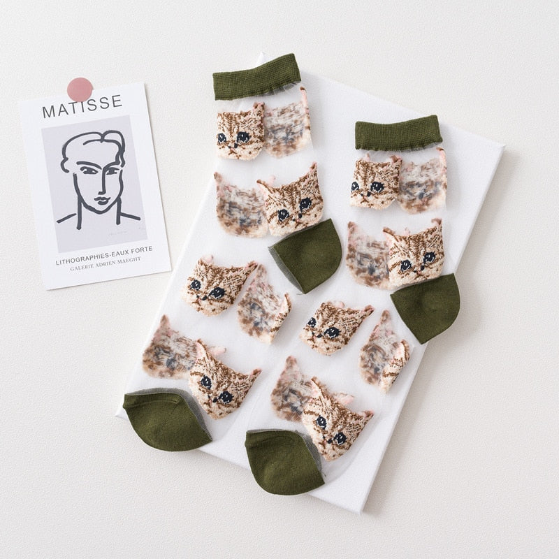 Cat Design Sheer Mesh Socks