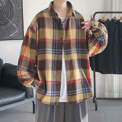 Hybskr 2022 Spring Korean Men Shirts Plaid Long Sleeve Casual Loose Vintage Blouses Harajuku New Male Cardigan Tops Clothing