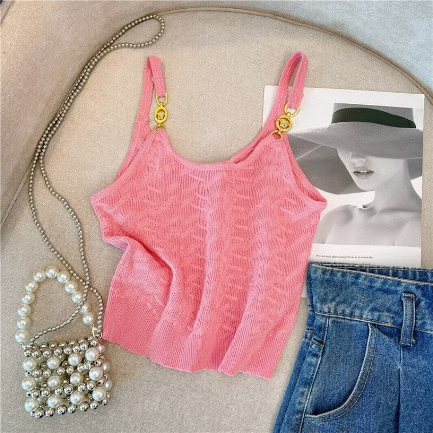 Brooch And Straps Knitted Crop Top