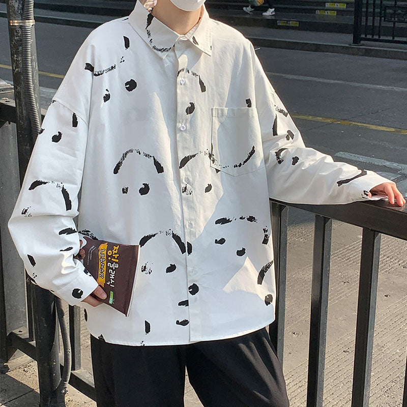 Happy Face Print Long Sleeve Oversized Shirts