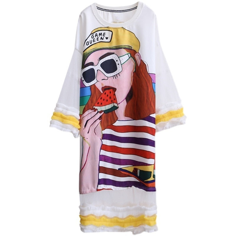 Oversized Flare Sleeves Cartoon T-Shirt Dress