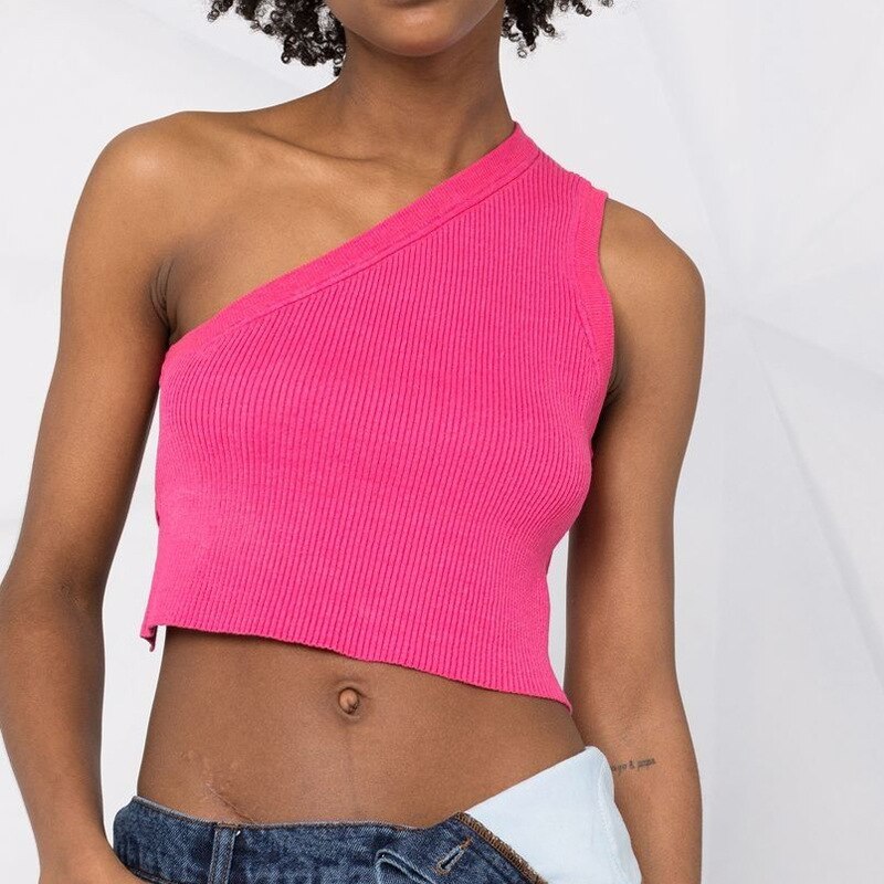 Knitted One Shoulder Backless Crop-Top