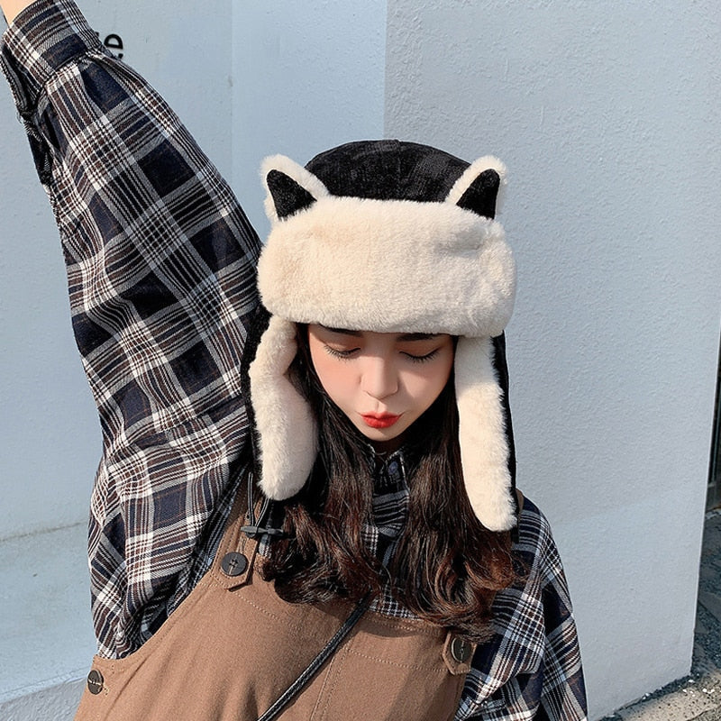 Warm Cat Ears Faux Fur Bomber Hat