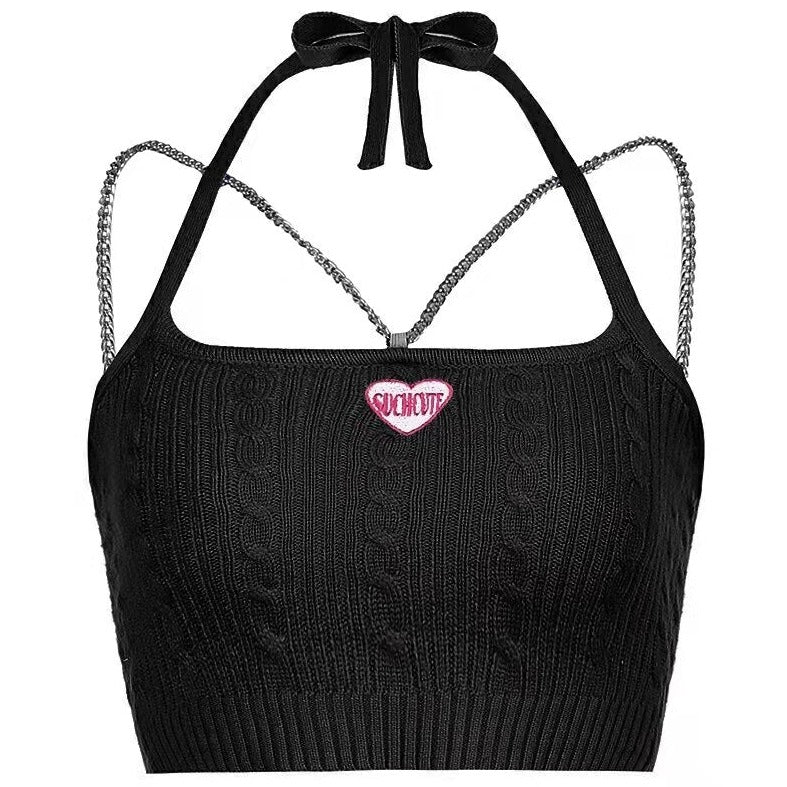 Y2K Such Cute Heart Sleeveless Chain Strap Knitted Cotton Crop Top