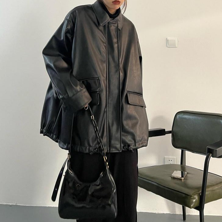 Black Pocket PU Leather Jacket