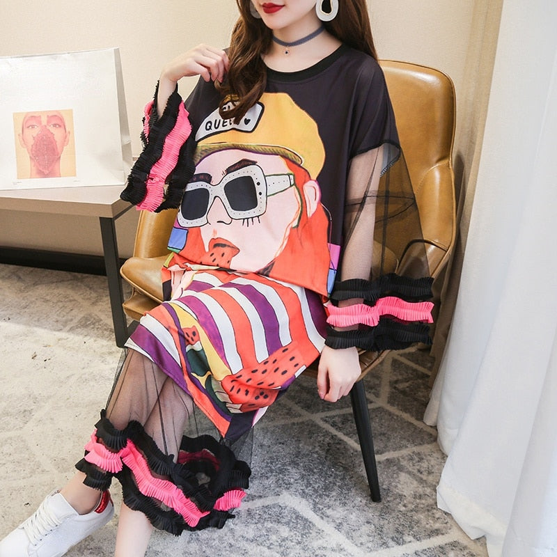 Oversized Flare Sleeves Cartoon T-Shirt Dress