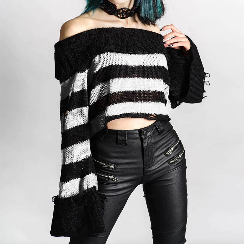 Gothic One Shoulder Stripe Short Sweater