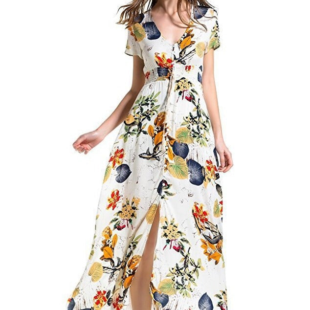 Bohemian Flower Print V-Neck Dress