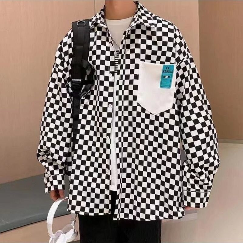 Classic Casual Shirt Coat Men&#39;s 2022 Summer Korean Retro Black And White Plaid Thin Long Sleeve Shirt Unisex Camisa Shopping