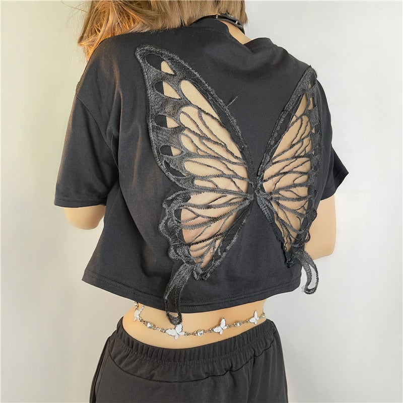 Hollow Out Back Wings Butterfly T-Shirt