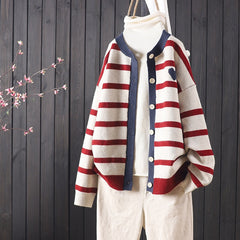 Heart and Stripes Round Neck Knitted Cardigan