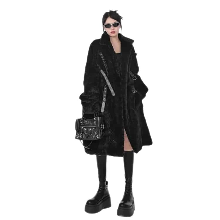 Punk Belt Fluffy Long Thick Faux Fur Coat