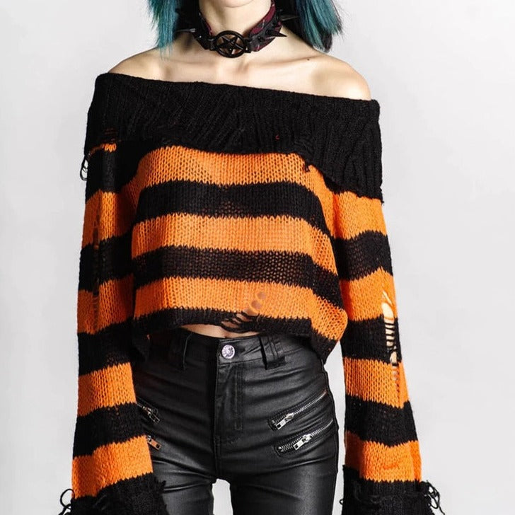 Gothic One Shoulder Stripe Short Sweater