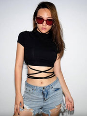 Black Belly Lace-up Crop Top