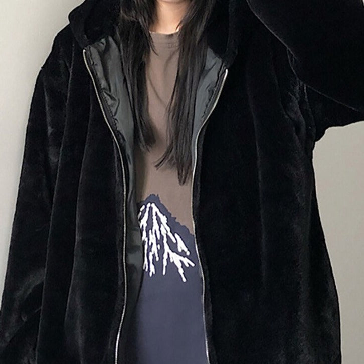 Black Velvet Hooded Oversize Jacket