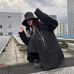 Long Black Blazer With Chains And Pockets