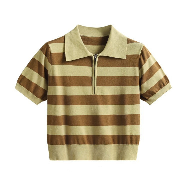 Zipper Striped Polo T-Shirt