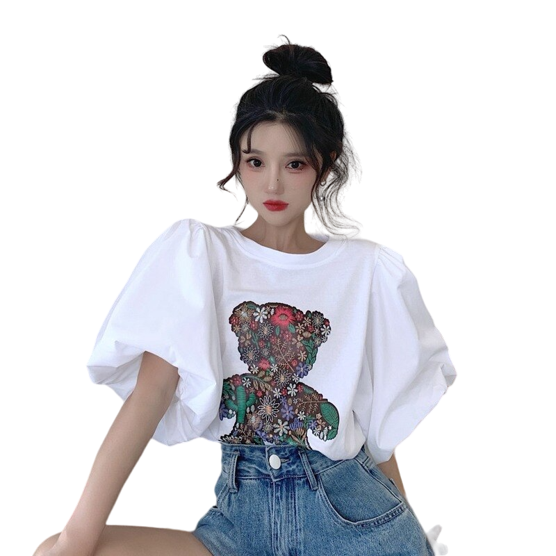 Cartoon Bear Print O-Neck Puff T-Shirt