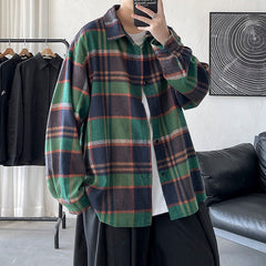 Hybskr 2022 Spring Korean Men Shirts Plaid Long Sleeve Casual Loose Vintage Blouses Harajuku New Male Cardigan Tops Clothing