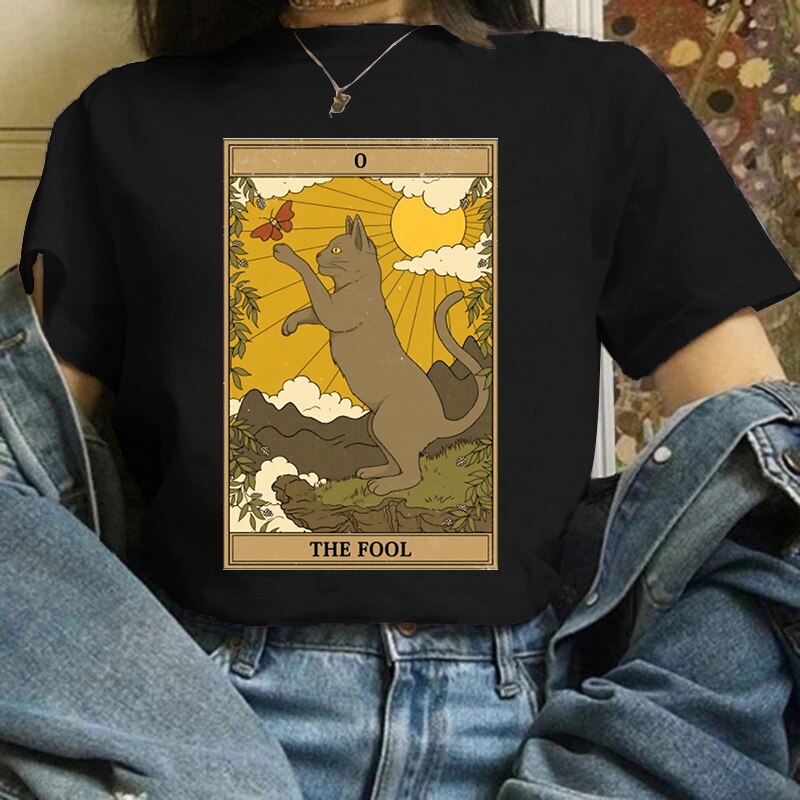 Cat Tarot Card Black T-Shirt